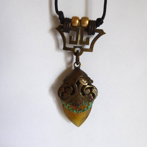 VINTAGE NEW NATURE COMPANY CORDED AMBER STONE STEAMPUNK TYPE NECKLACE - Picture 6 of 16